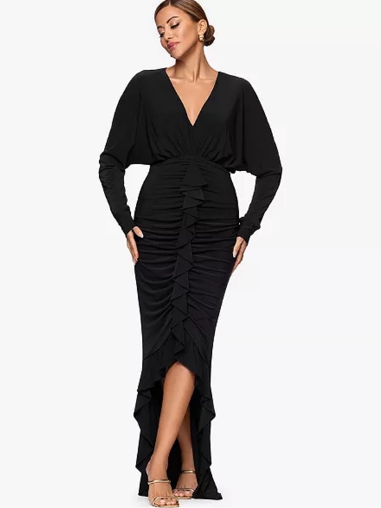 Xscape Dresses & Skirts - Xscape Black Ruched Ruffle Long Sleeve Evening Gown Size 6